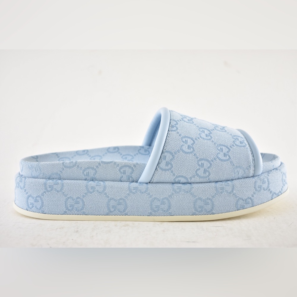 Gucci Light Blue GG Monogram Logo Canvas Mule Flat Slide Platform Sandal 39 - Picture 2 of 16